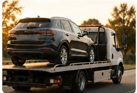 Vehicle being transported on a tow truck
